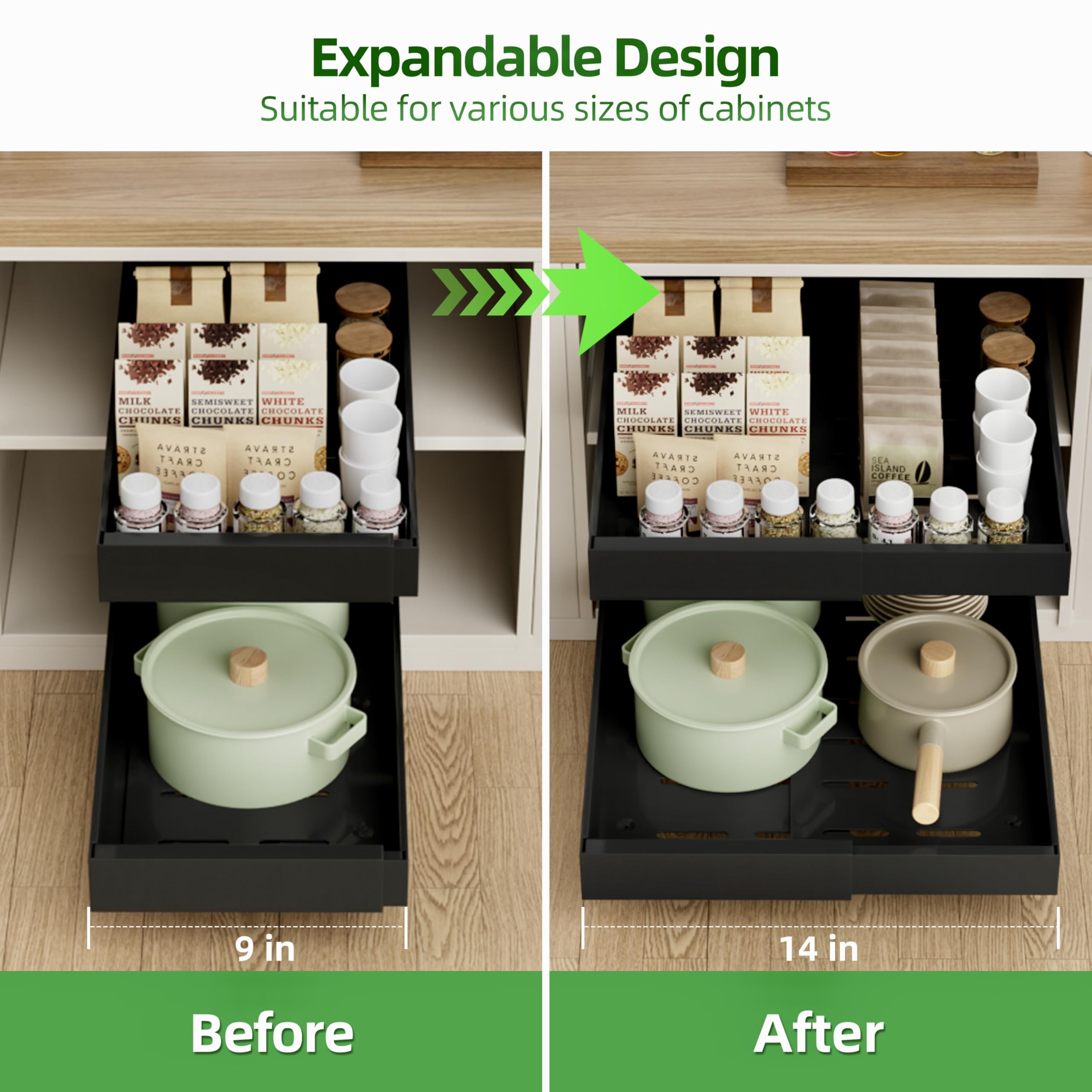 Pull Out Cabinet Organizer Expandable Sliding Drawer Kitchen Cabinet Storage Rack Adhesive Nano Film System