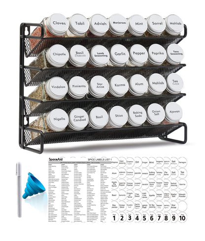 Spice Rack Organizer with Jars Labels Marker Funnel Cabinet Pantry Wall Mount Storage Set
