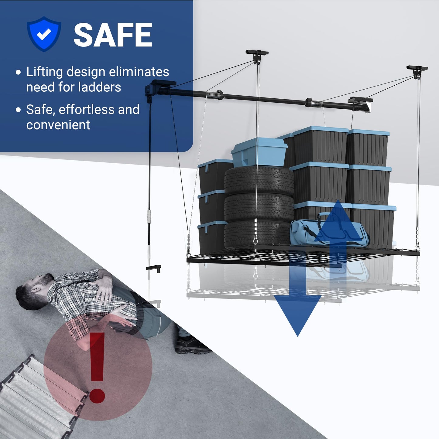 Motorized Ceiling Storage Rack Lift System 350 lbs Capacity Steel Garage Organizer with Hand Crank Drill Lift Safety Lock 4x4 ft Adjustable Ceiling Storage Platform