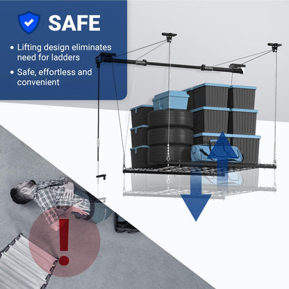 Motorized Ceiling Storage Rack Lift System 350 lbs Capacity Steel Garage Organizer with Hand Crank Drill Lift Safety Lock 4x4 ft Adjustable Ceiling Storage Platform