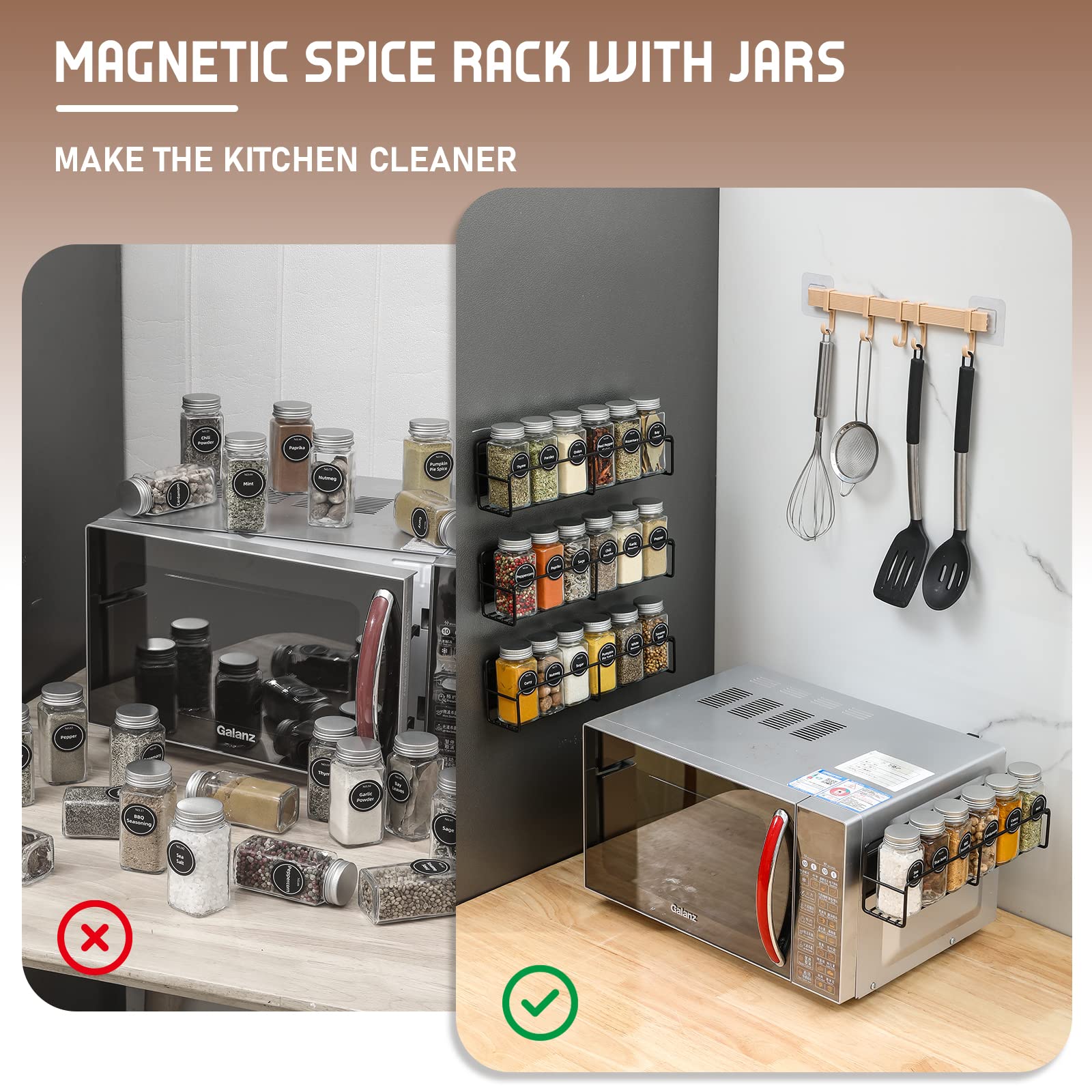 VITEVER Magnetic Spice Rack 4 Pack Glass Jars Label Set Organizer Refrigerator Storage