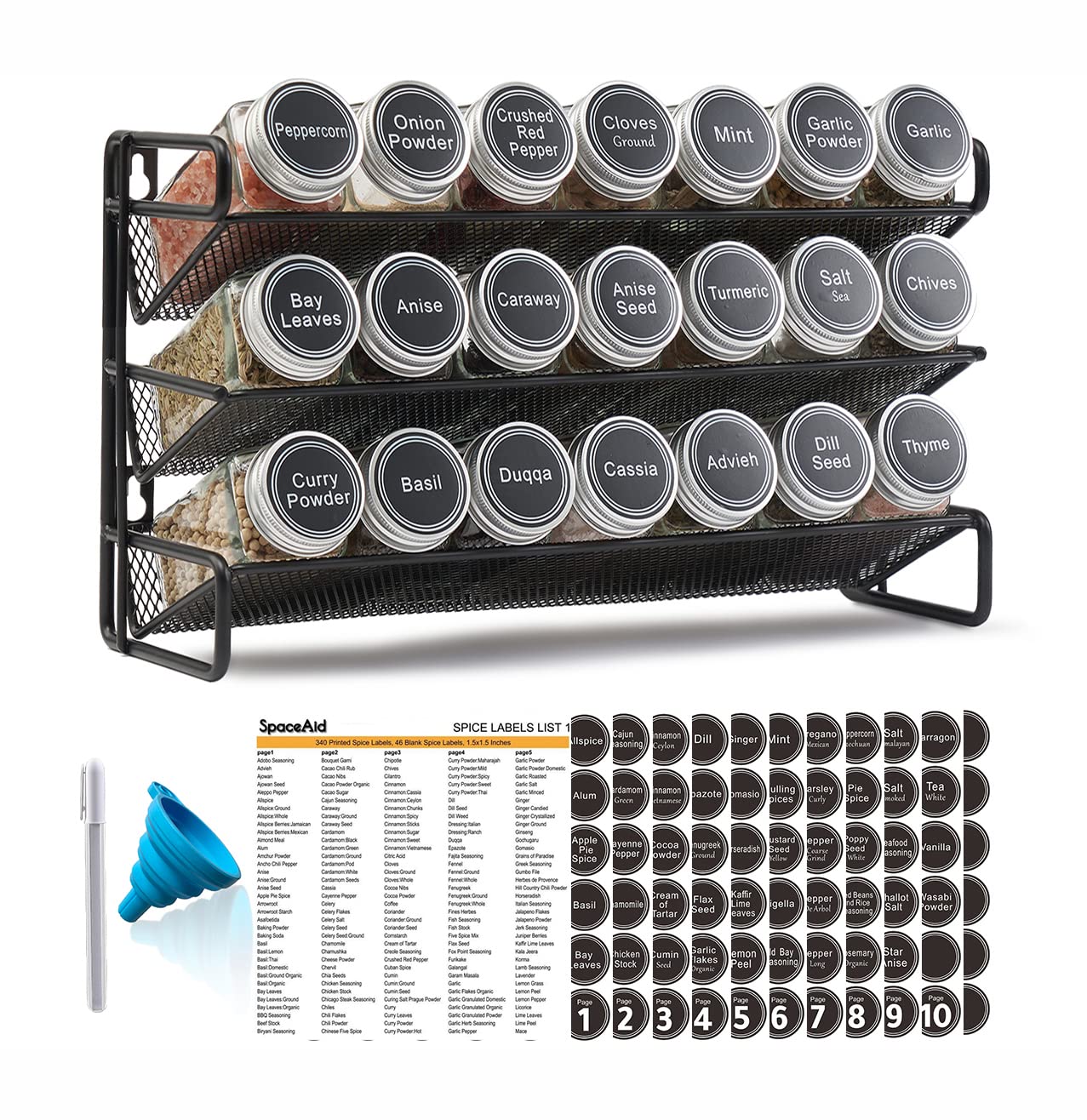 Spice Rack Organizer with Jars Labels Marker Funnel Cabinet Pantry Wall Mount Storage Set
