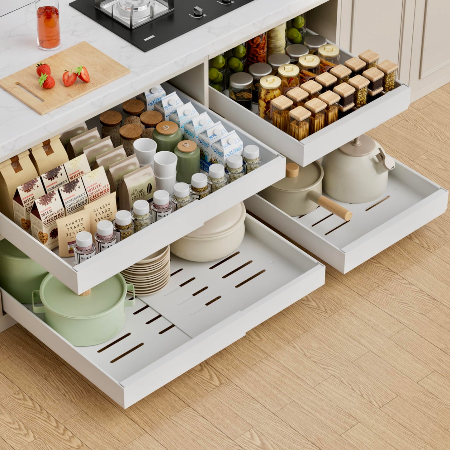 Pull Out Cabinet Organizer Expandable Sliding Drawer Kitchen Cabinet Storage Rack Adhesive Nano Film System