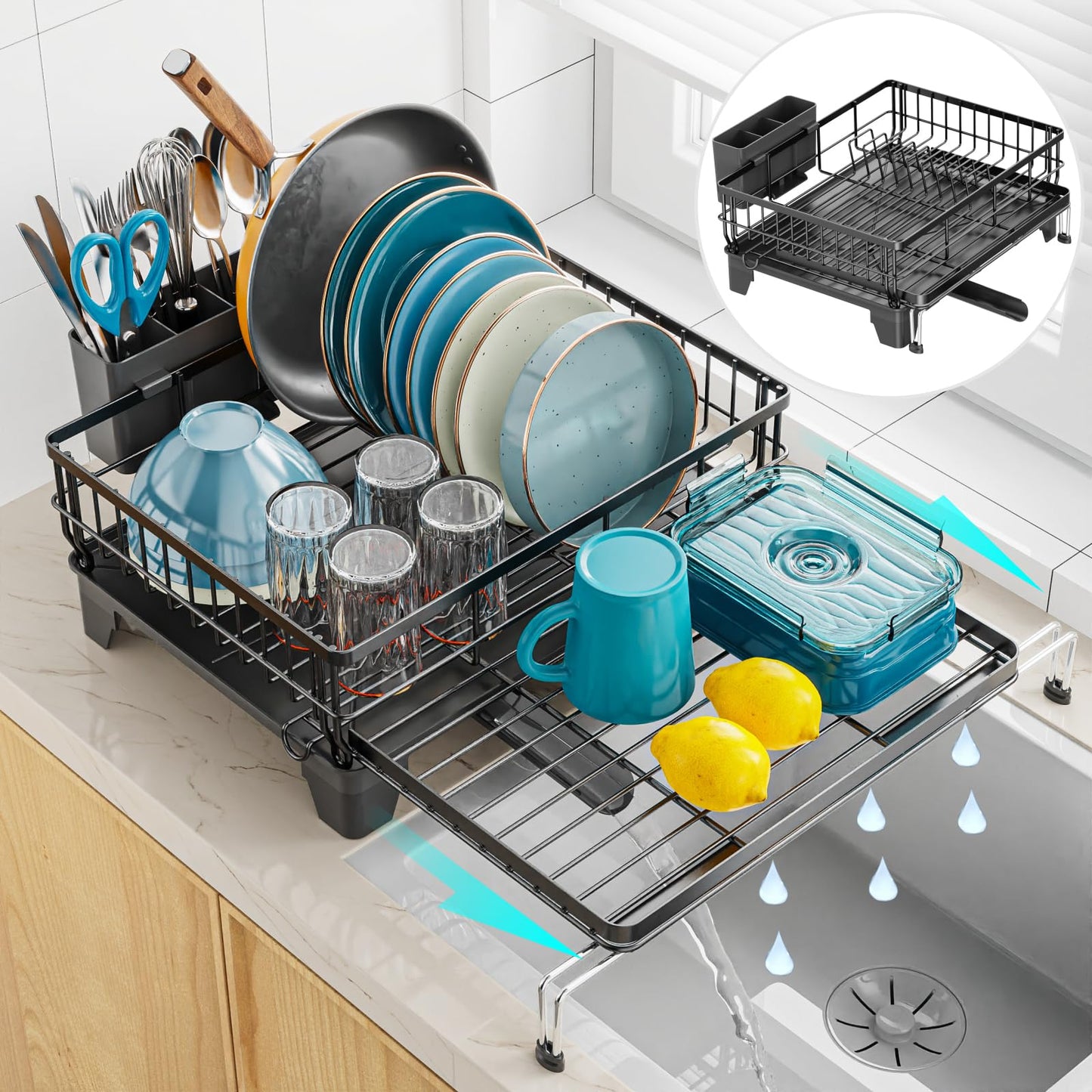 Dish Drying Rack Expandable Kitchen Counter Sink Drainer Pan Slots Utensil Holder Drainboard Black