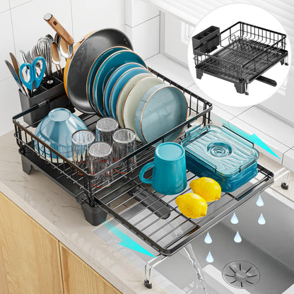 Dish Drying Rack Expandable Kitchen Counter Sink Drainer Pan Slots Utensil Holder Drainboard Black