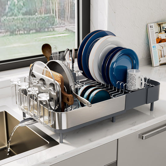 Expandable Dish Drying Rack Kitchen Counter Dish Drainer Stainless Steel Extendable Spout Space Saving Dish Rack