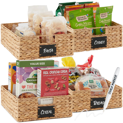 Woven Water Hyacinth Pantry Storage Baskets with Chalkboard Labels Set of 2