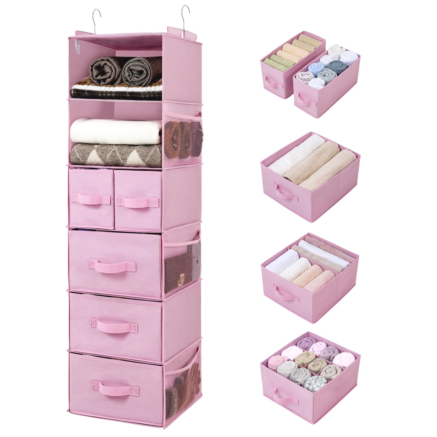 Hanging Closet Organizer 6 Shelf Storage Organizer with Drawers Side Pockets Closet Storage System
