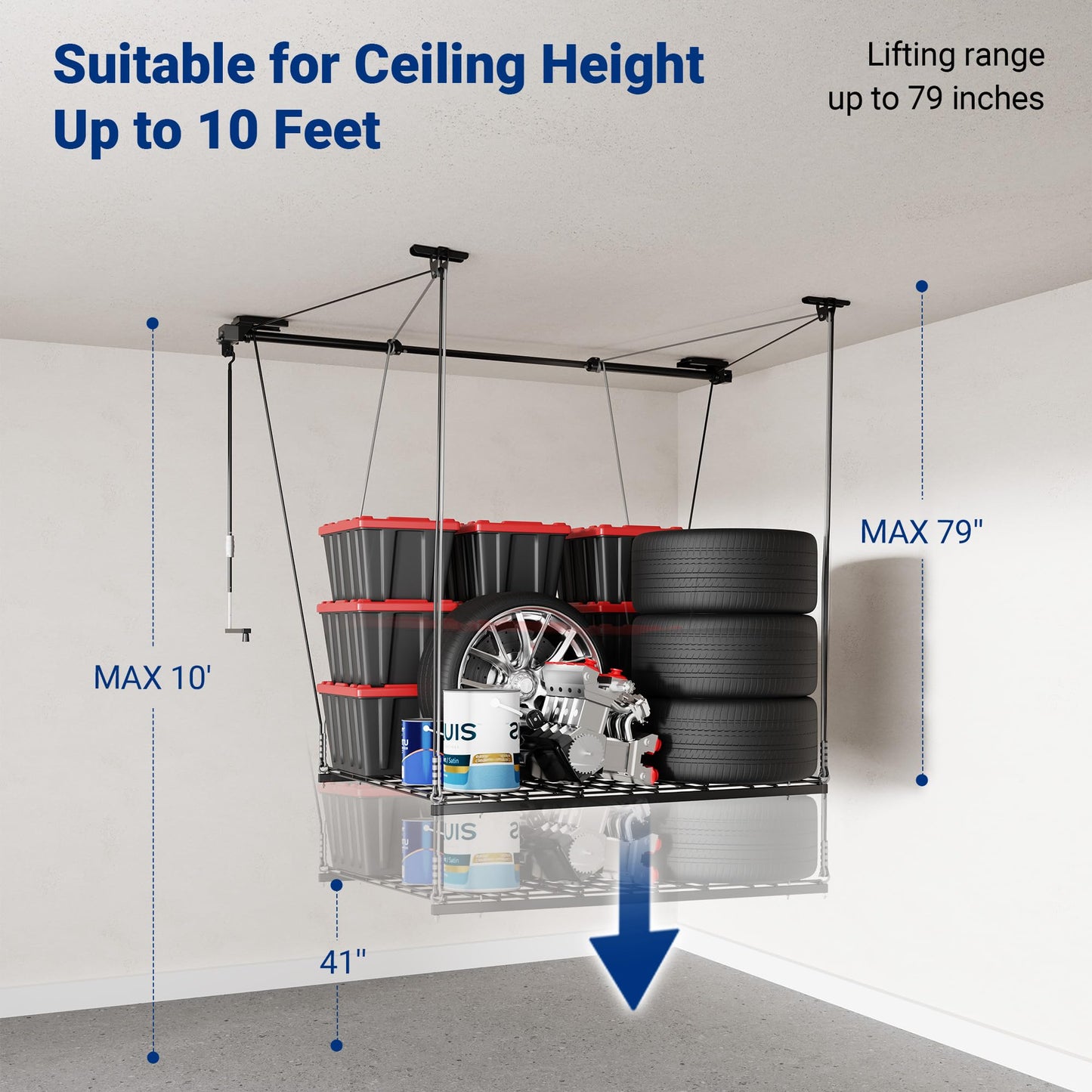 Motorized Ceiling Storage Rack Lift System 350 lbs Capacity Steel Garage Organizer with Hand Crank Drill Lift Safety Lock 4x4 ft Adjustable Ceiling Storage Platform