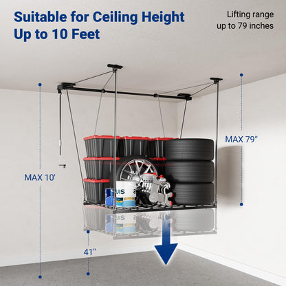 Motorized Ceiling Storage Rack Lift System 350 lbs Capacity Steel Garage Organizer with Hand Crank Drill Lift Safety Lock 4x4 ft Adjustable Ceiling Storage Platform