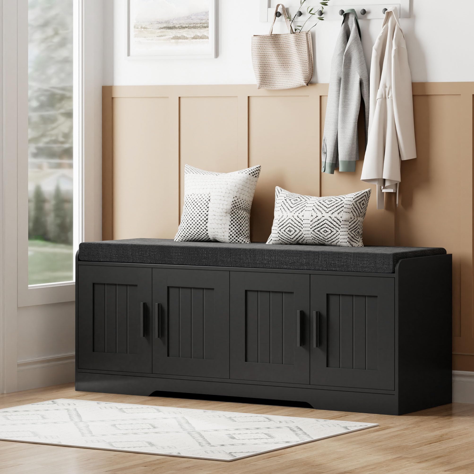 Shoe Bench Storage Bench with Cushion Doors Adjustable Shelf Entryway Bedroom Organizer