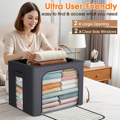 Clothes Storage Bins Metal Frame Storage Bags Fabric Organizer Clear Window Zipper Handles 40L