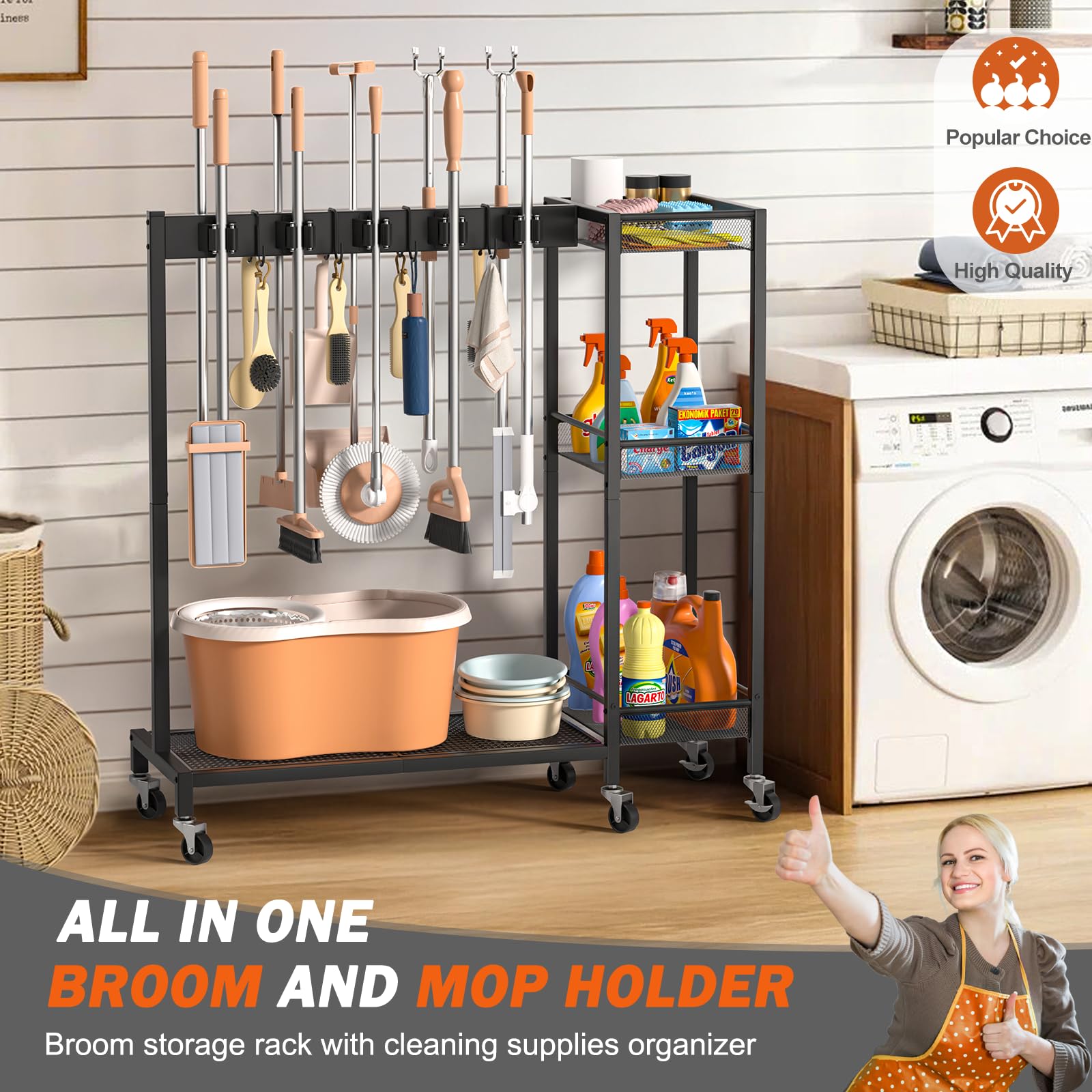 Broom Holder Cleaning Supplies Organizer Mop Vacuum Storage Rack Laundry Room Organizer Cart
