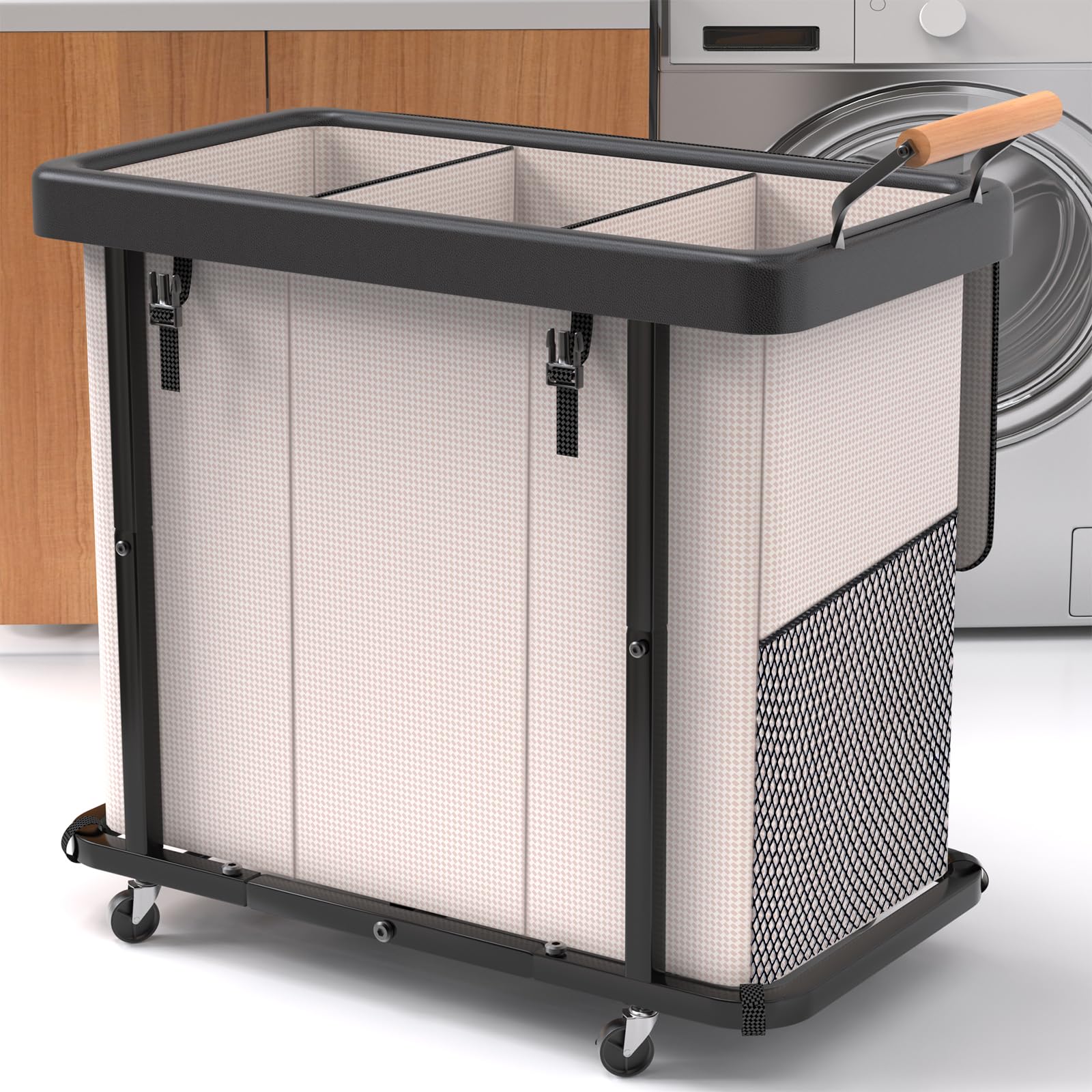 Extra Large 3 Section Rolling Laundry Hamper with Lid Metal Frame Clothes Sorter Cart Laundry Basket Organizer with Wheels