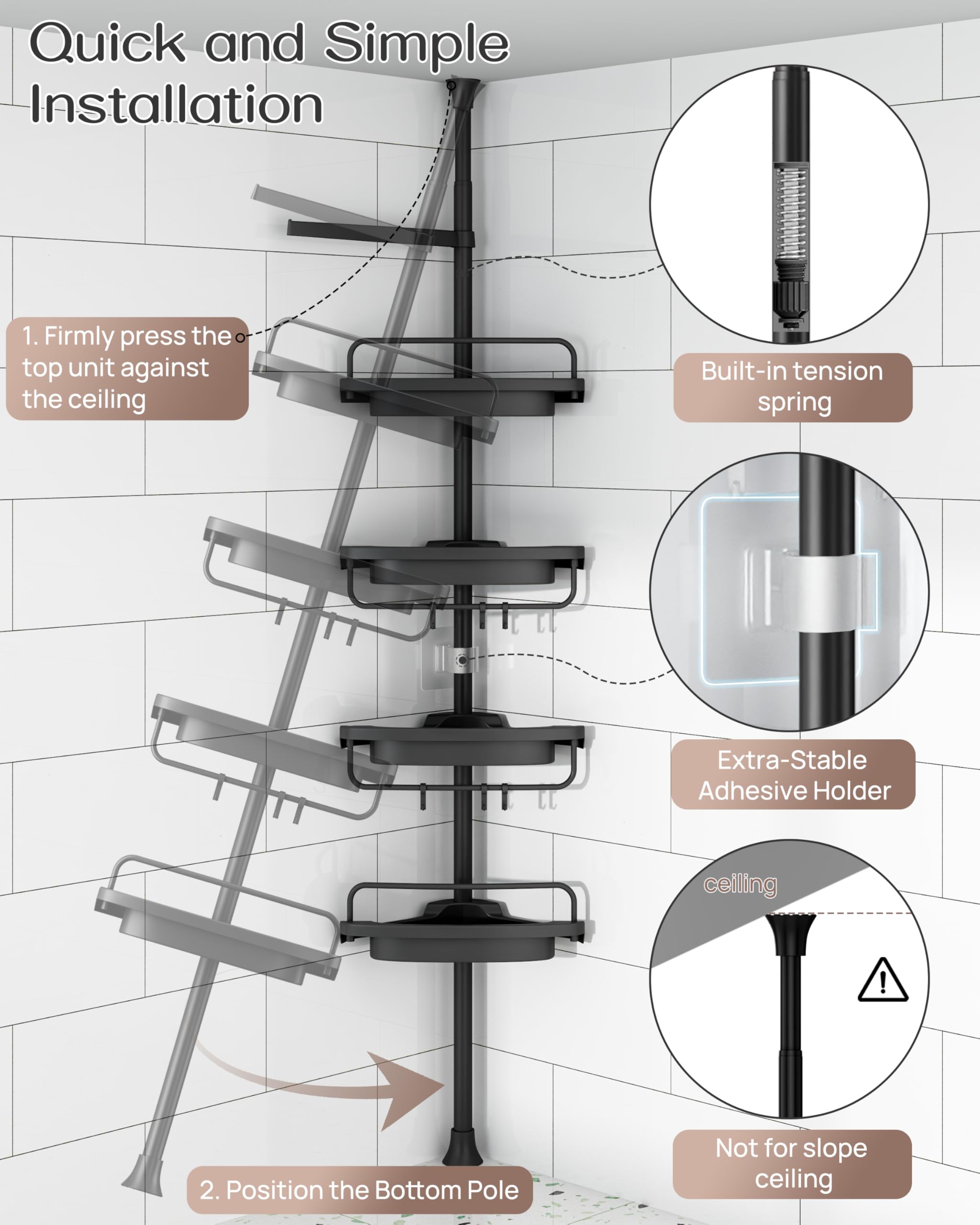 Corner Shower Caddy Tension Pole 4 Tier Rustproof Adjustable Bathroom Organizer Shelves Shower Storage Rack