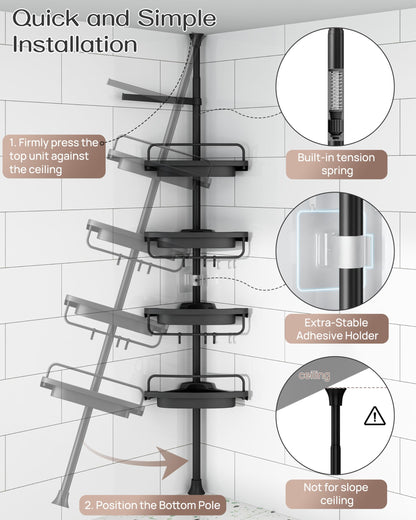 Corner Shower Caddy Tension Pole 4 Tier Rustproof Adjustable Bathroom Organizer Shelves Shower Storage Rack