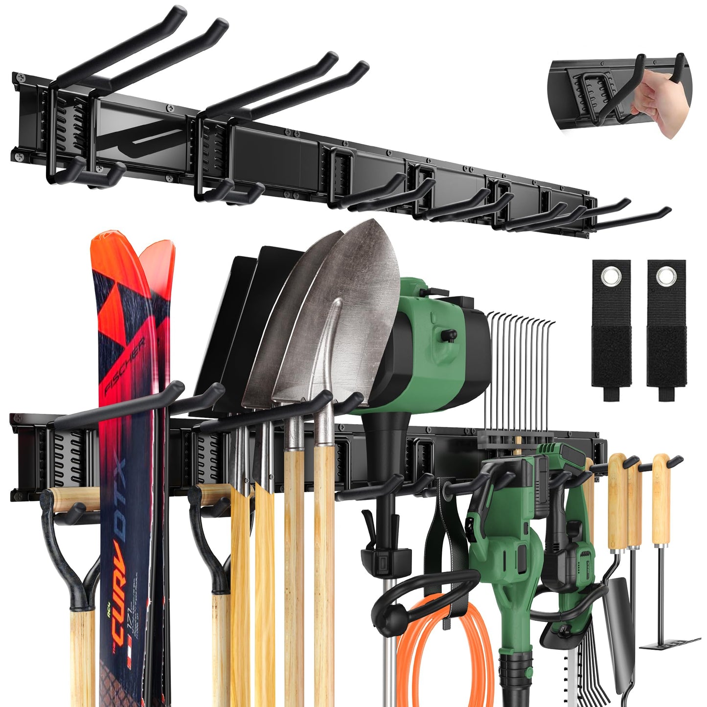 Wall Mounted Garage Tool Organizer Metal Storage Rack Adjustable Hooks Heavy Duty Tool Holder Black