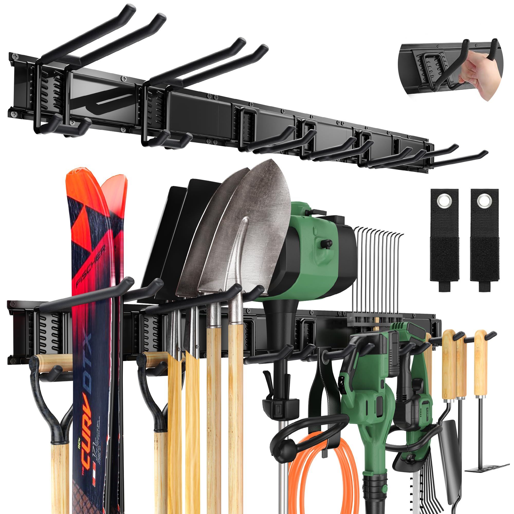 Wall Mounted Garage Tool Organizer Metal Storage Rack Adjustable Hooks Heavy Duty Tool Holder Black