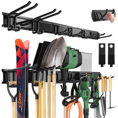 Wall Mounted Garage Tool Organizer Metal Storage Rack Adjustable Hooks Heavy Duty Tool Holder Black
