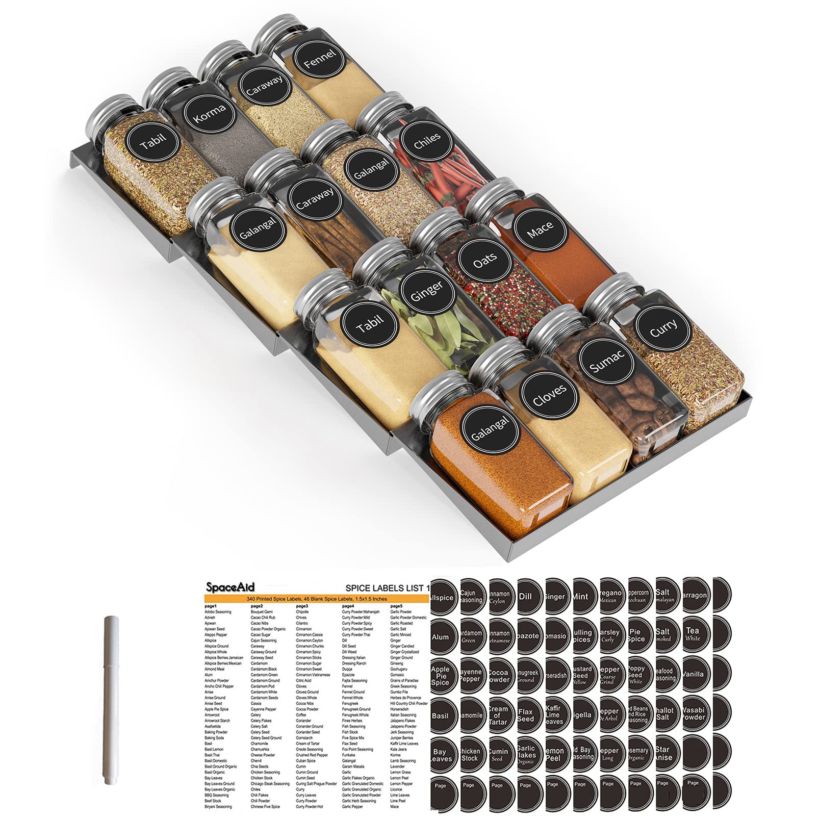 Spice Drawer Organizer with 28 Spice Jars Labels and Marker Kitchen Drawer Storage Rack