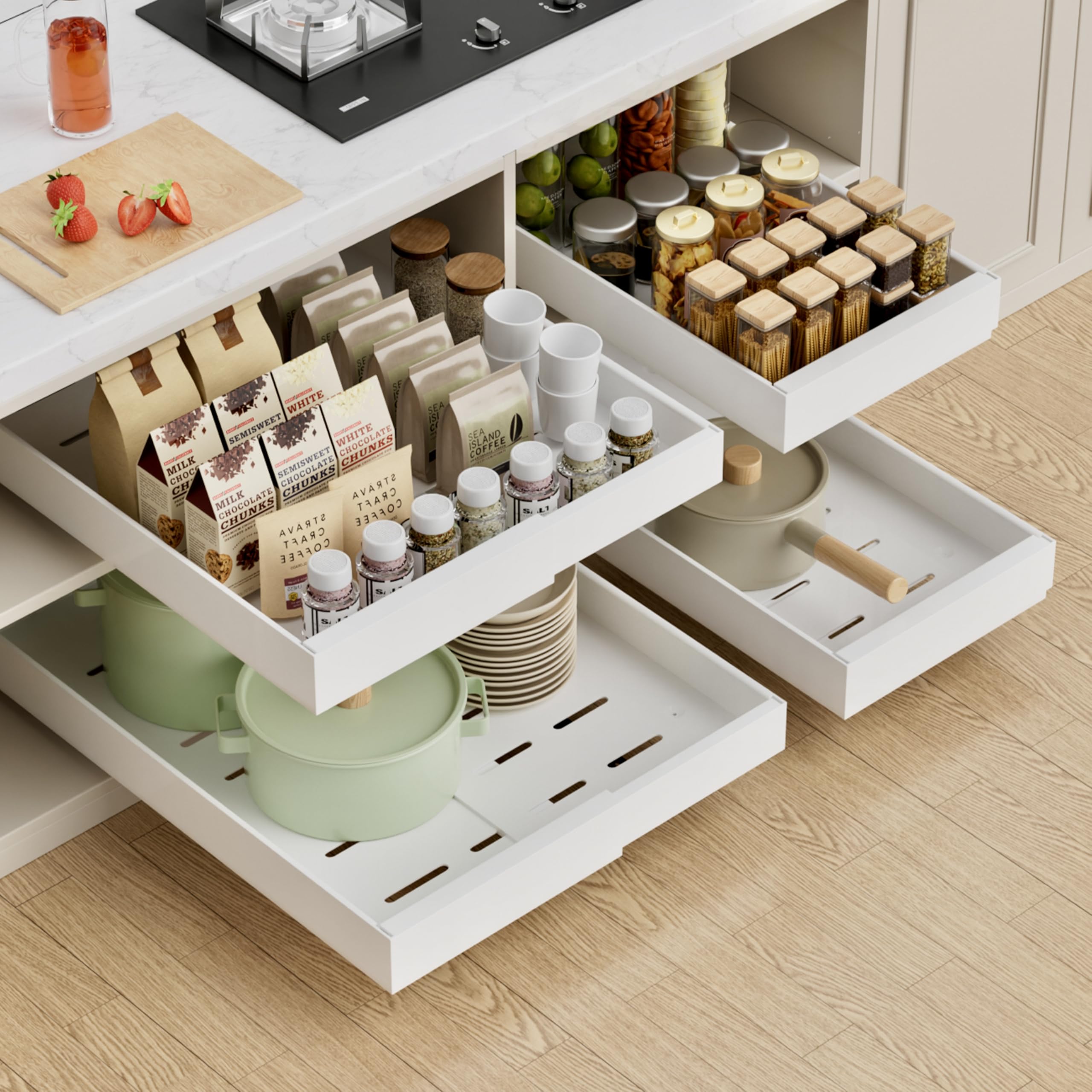 Pull Out Cabinet Organizer Expandable Sliding Drawer Kitchen Cabinet Storage Rack Adhesive Nano Film System