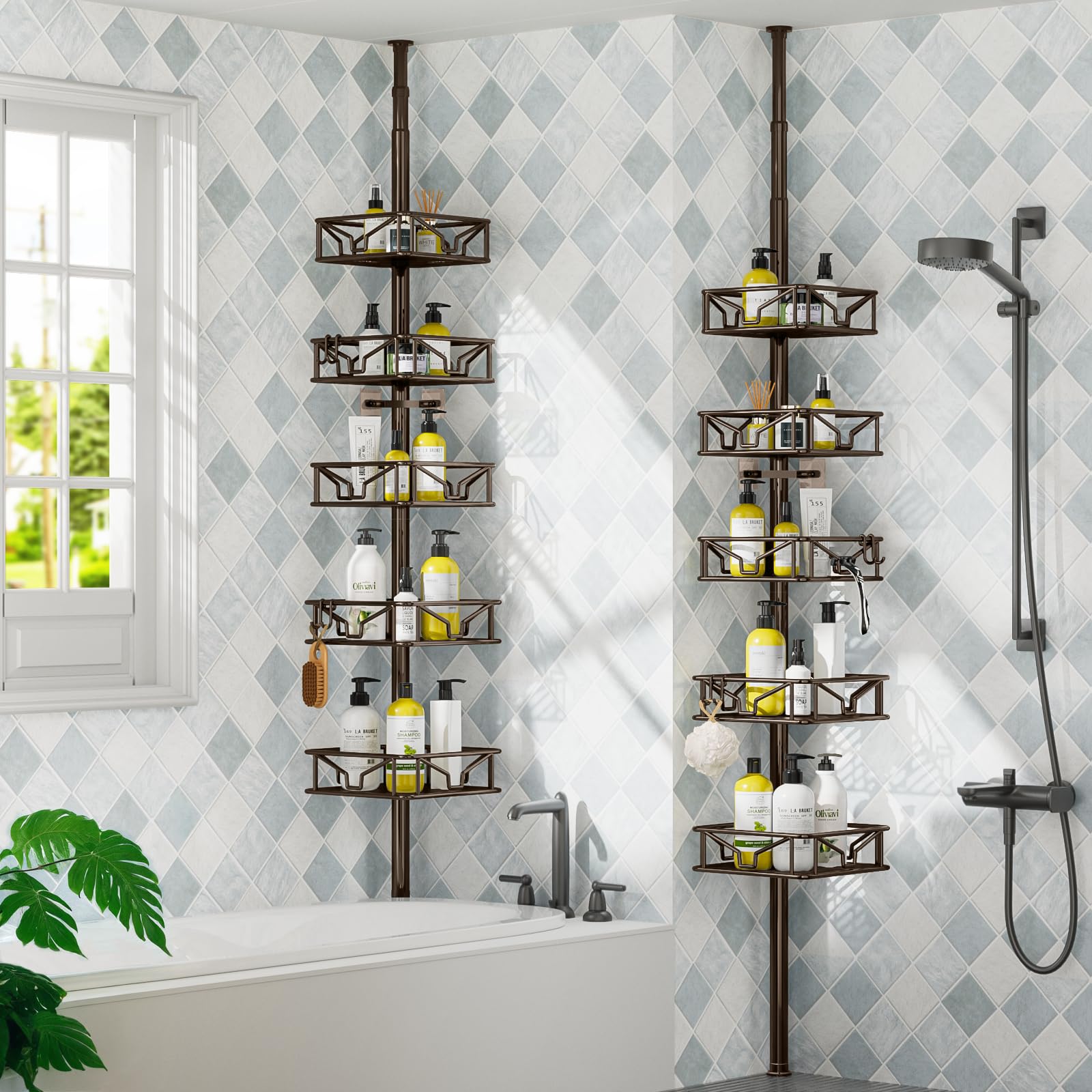 Corner Shower Caddy Tension Pole 5 Tier Adjustable Rustproof Bathroom Shower Organizer Hooks Storage Rack