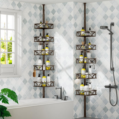 Corner Shower Caddy Tension Pole 5 Tier Adjustable Rustproof Bathroom Shower Organizer Hooks Storage Rack