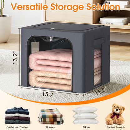 Clothes Storage Bins Metal Frame Storage Bags Fabric Organizer Clear Window Zipper Handles 40L