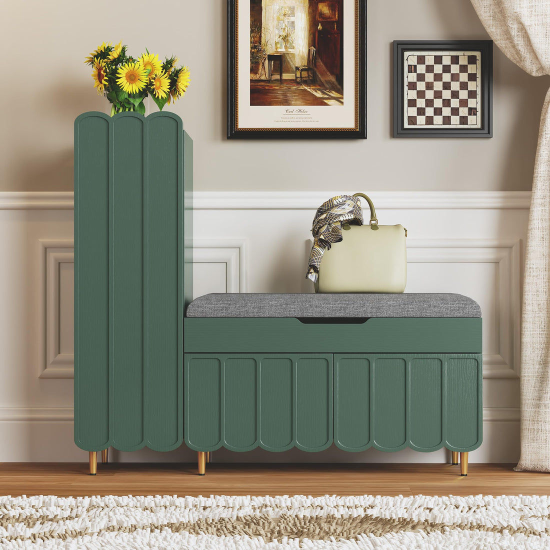 Shoe Cabinet Bench Entryway Storage Adjustable Shelves Cushioned Seat L Shaped Hallway Organizer