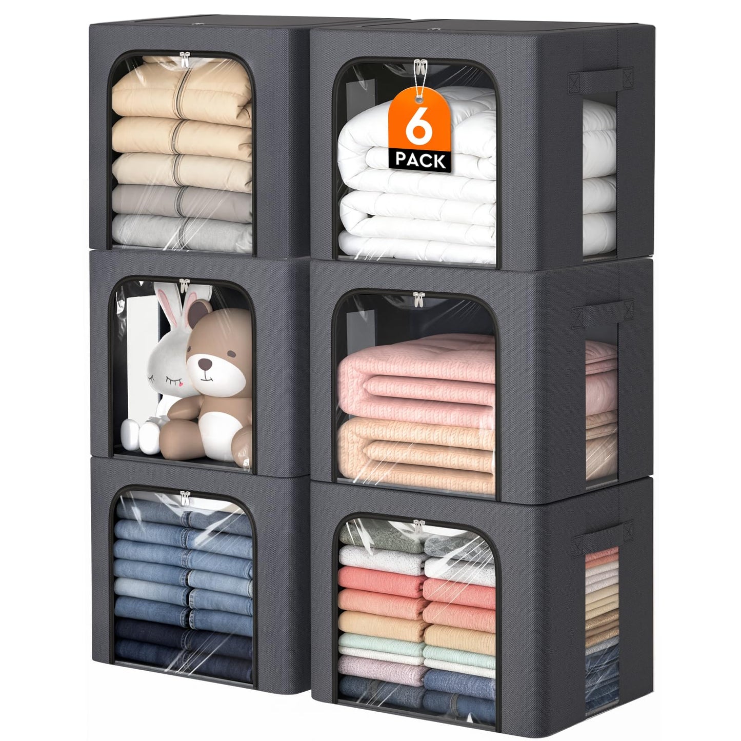 Clothes Storage Bins Metal Frame Storage Bags Fabric Organizer Clear Window Zipper Handles 40L