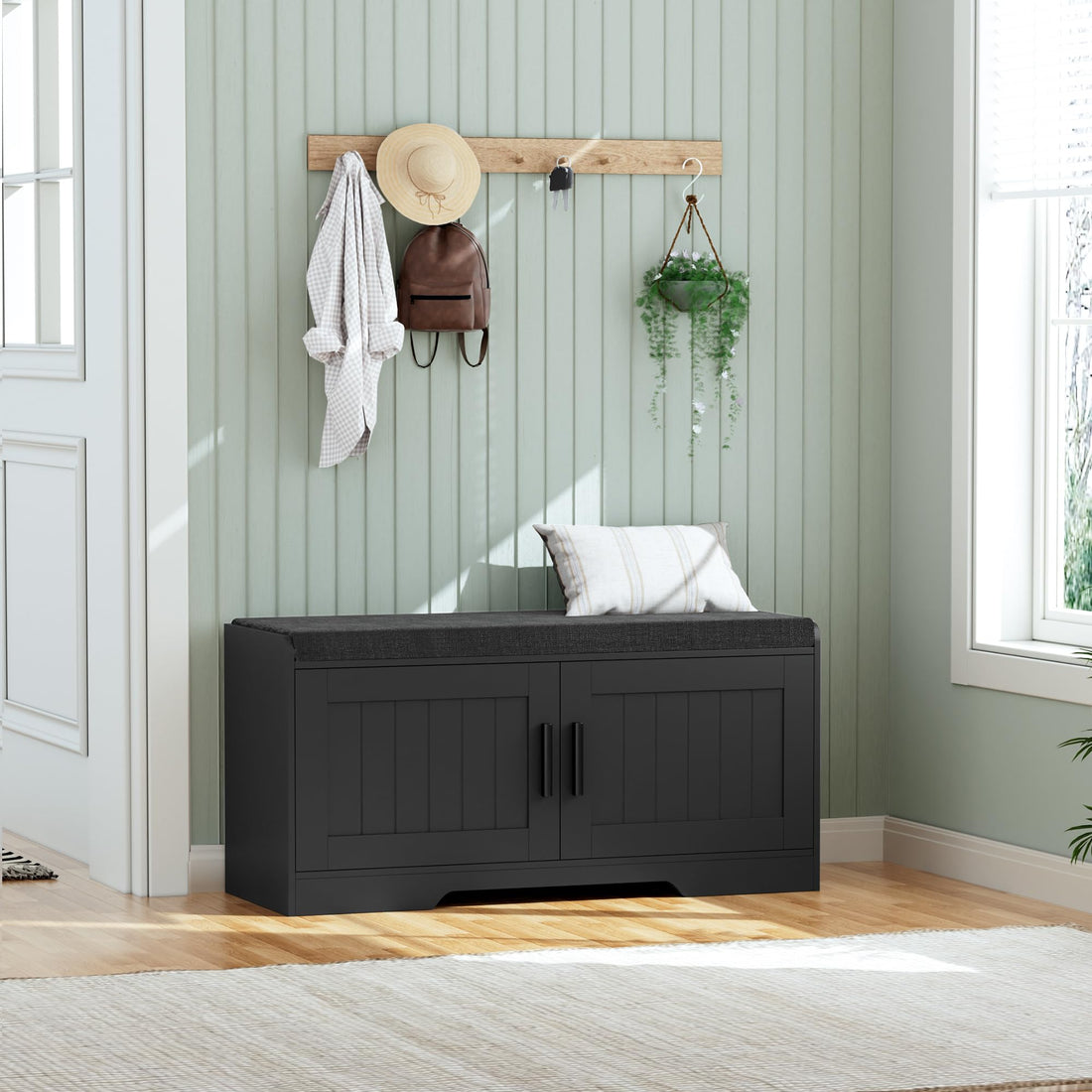 Shoe Bench Storage Bench with Cushion Doors Adjustable Shelf Entryway Bedroom Organizer