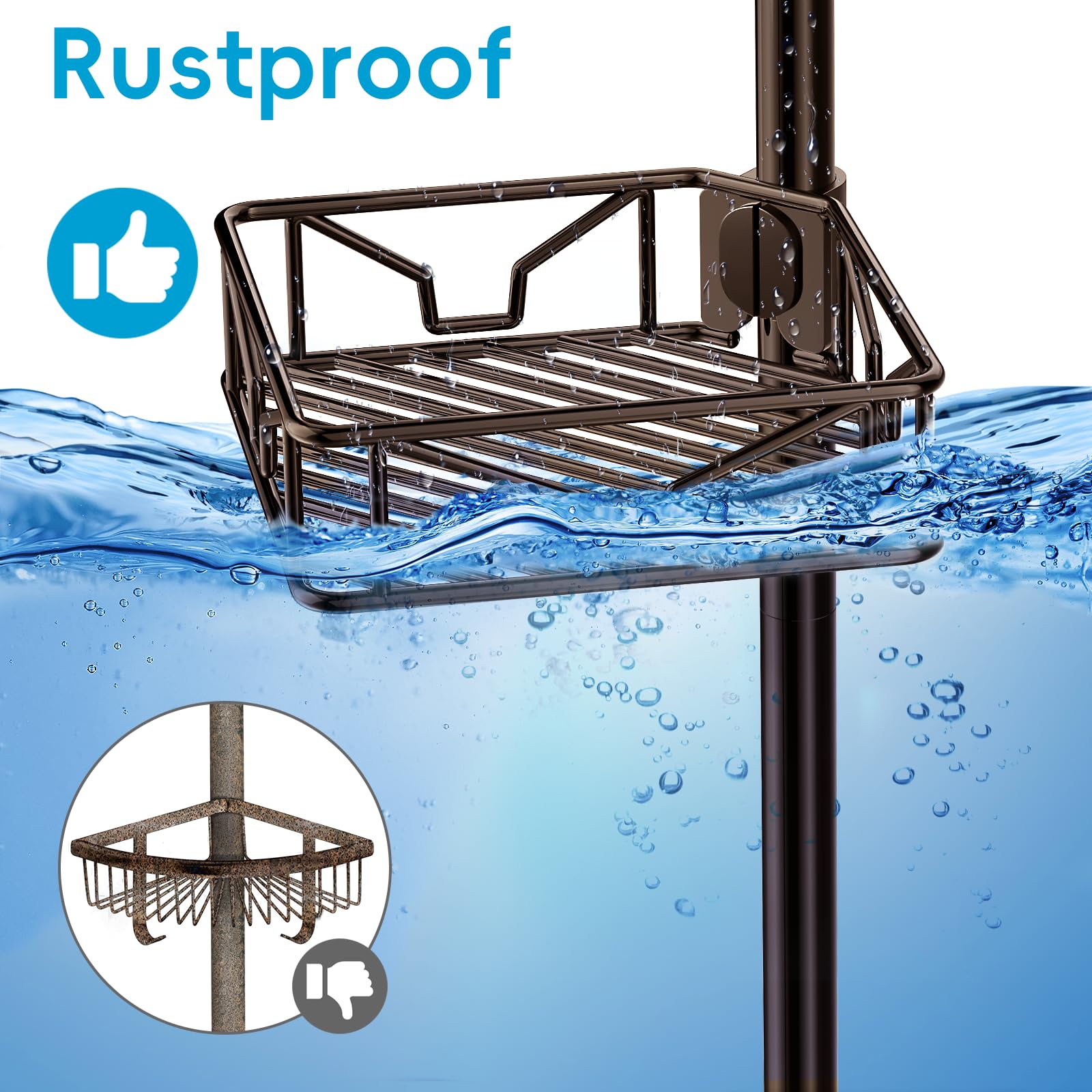 Corner Shower Caddy Tension Pole 5 Tier Adjustable Rustproof Bathroom Shower Organizer Hooks Storage Rack