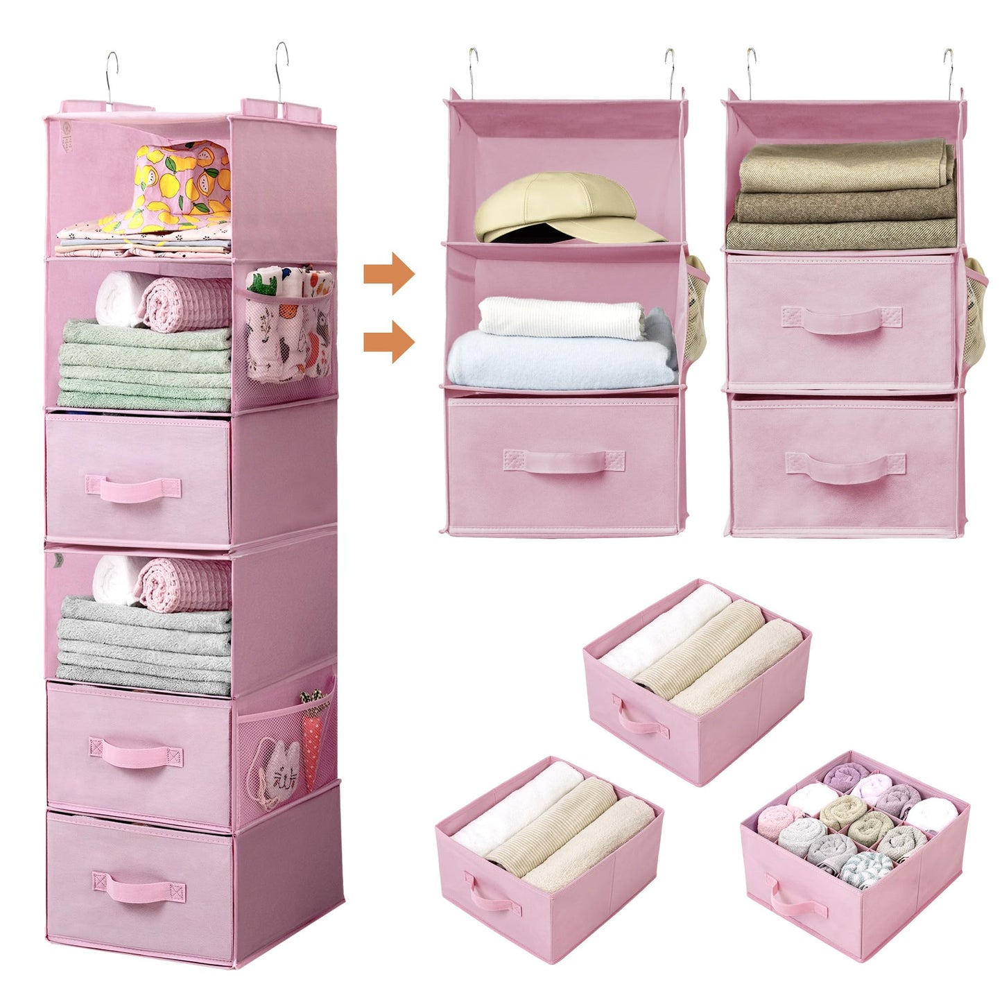 Hanging Closet Organizer 6 Shelf Storage Organizer with Drawers Side Pockets Closet Storage System