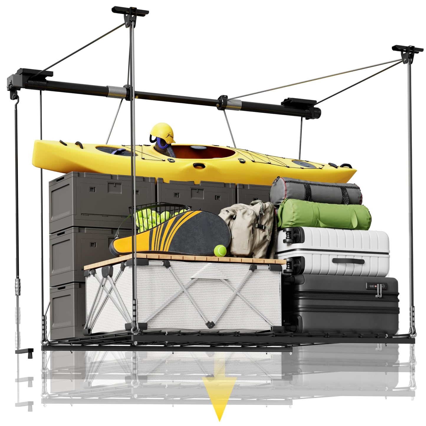 Motorized Ceiling Storage Rack Lift System 350 lbs Capacity Steel Garage Organizer with Hand Crank Drill Lift Safety Lock 4x4 ft Adjustable Ceiling Storage Platform