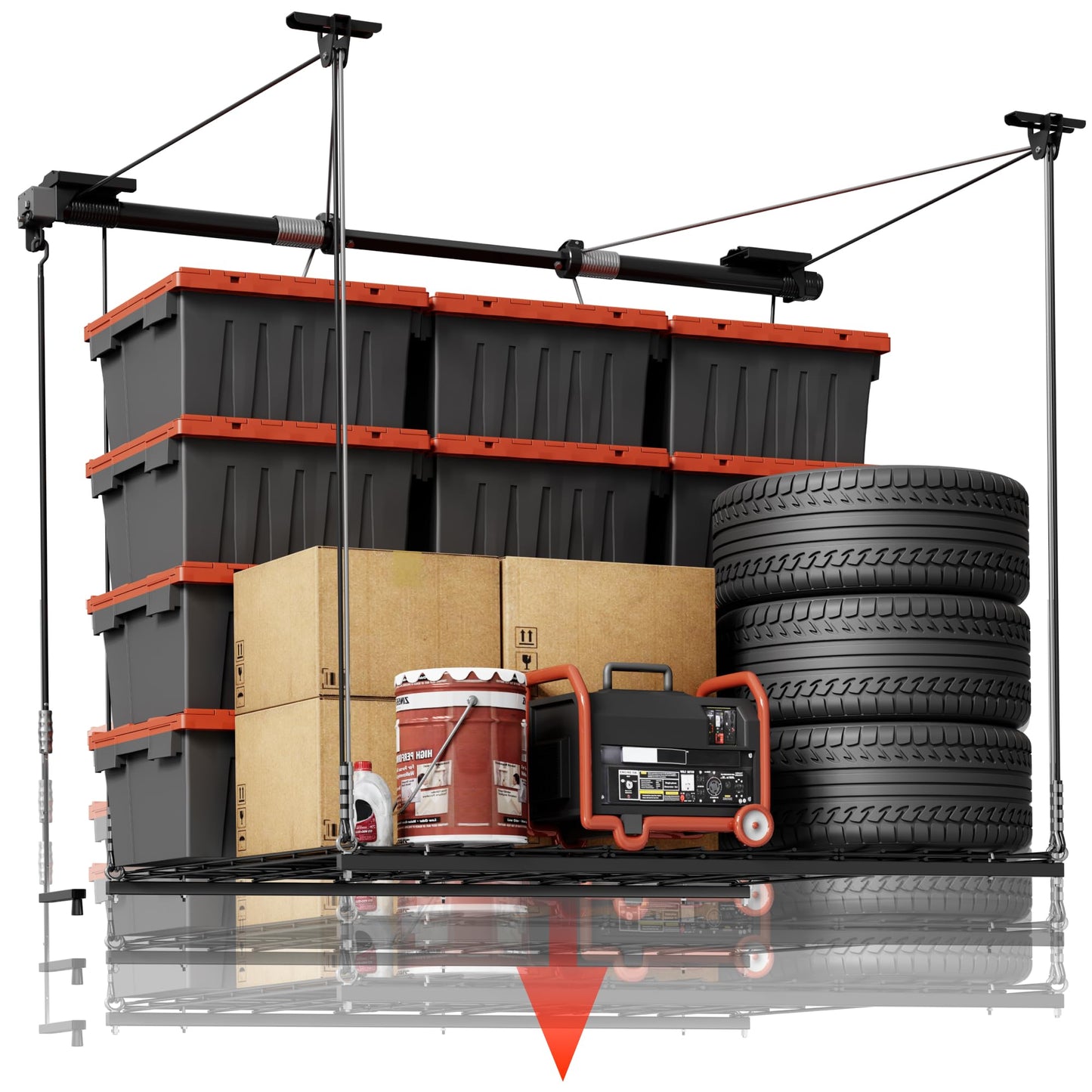 Motorized Ceiling Storage Rack Lift System 350 lbs Capacity Steel Garage Organizer with Hand Crank Drill Lift Safety Lock 4x4 ft Adjustable Ceiling Storage Platform