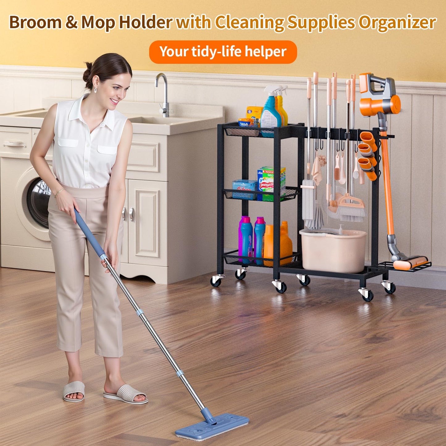FLOUREE Broom Holder with Cleaning Supplies Organizer & Large Capacity