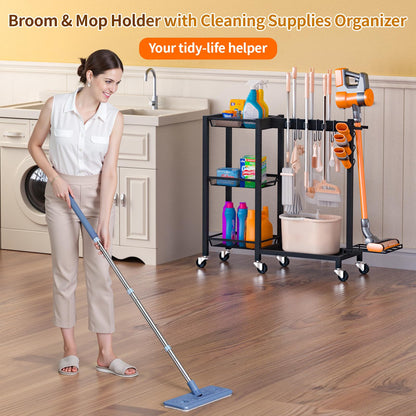FLOUREE Broom Holder with Cleaning Supplies Organizer & Large Capacity