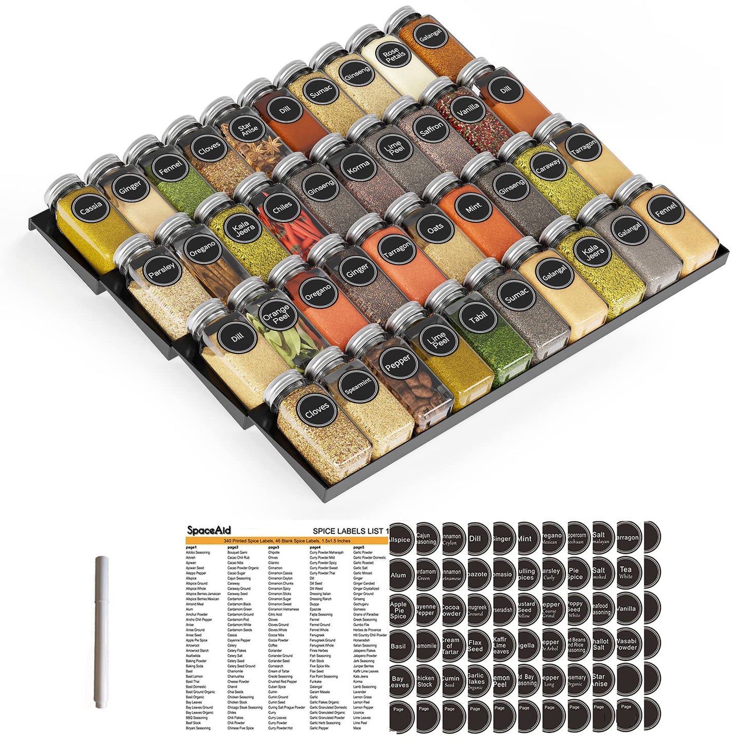Spice Drawer Organizer with 28 Spice Jars Labels and Marker Kitchen Drawer Storage Rack