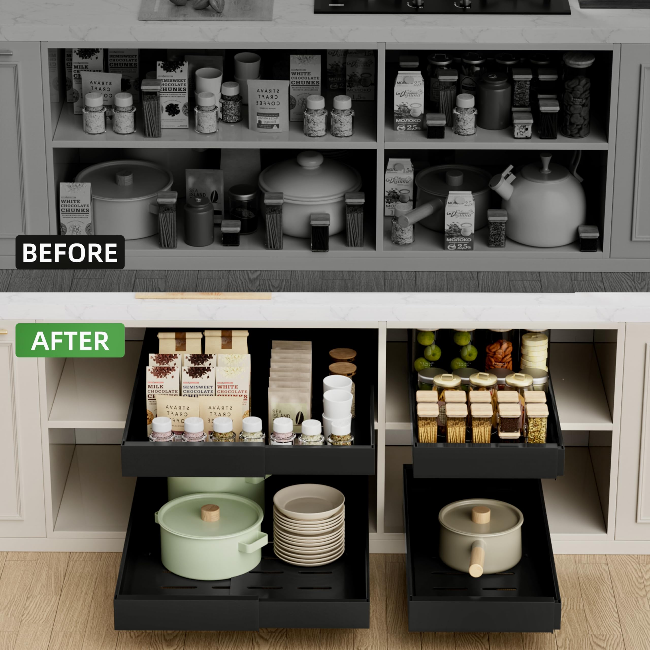 Pull Out Cabinet Organizer Expandable Sliding Drawer Kitchen Cabinet Storage Rack Adhesive Nano Film System