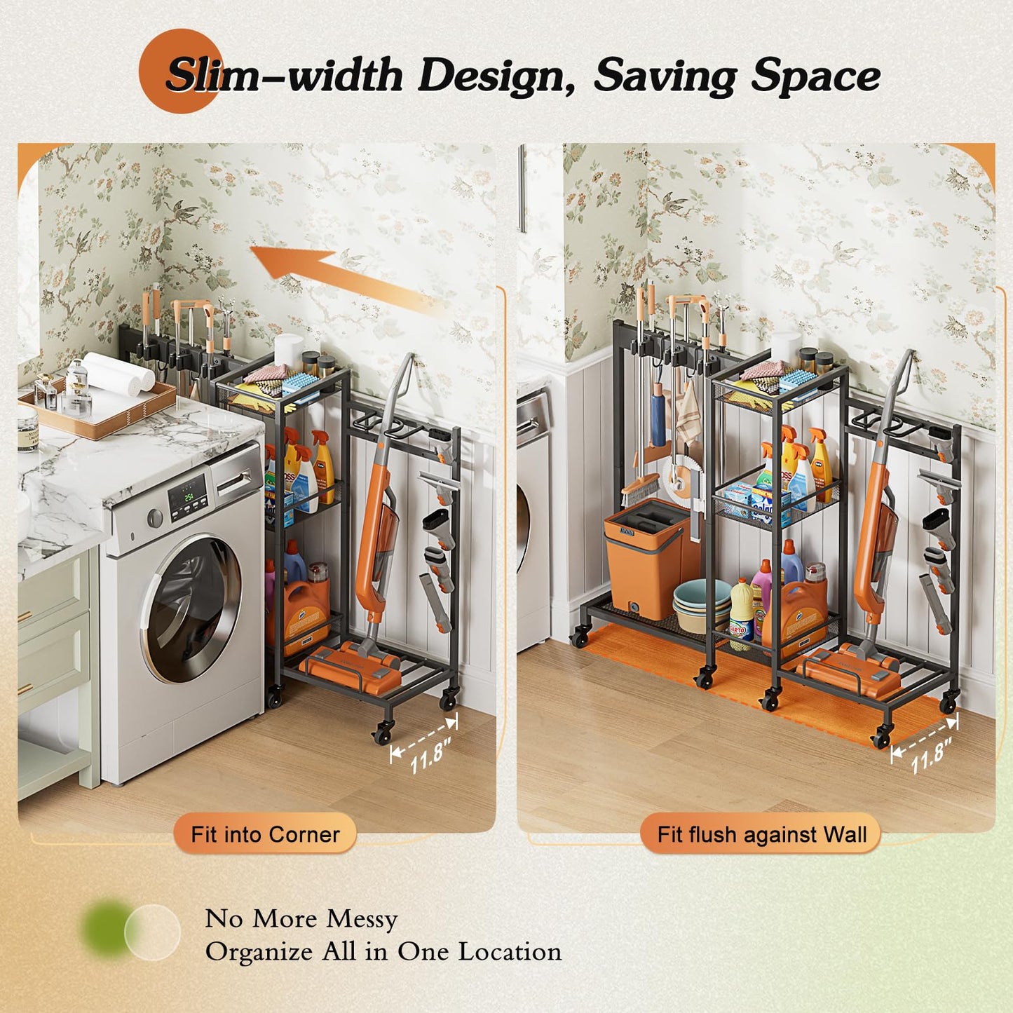 Broom Holder Cleaning Supplies Organizer Closet Storage Cabinet Mop Vacuum Storage Rack Laundry Room Organizer Cabinet