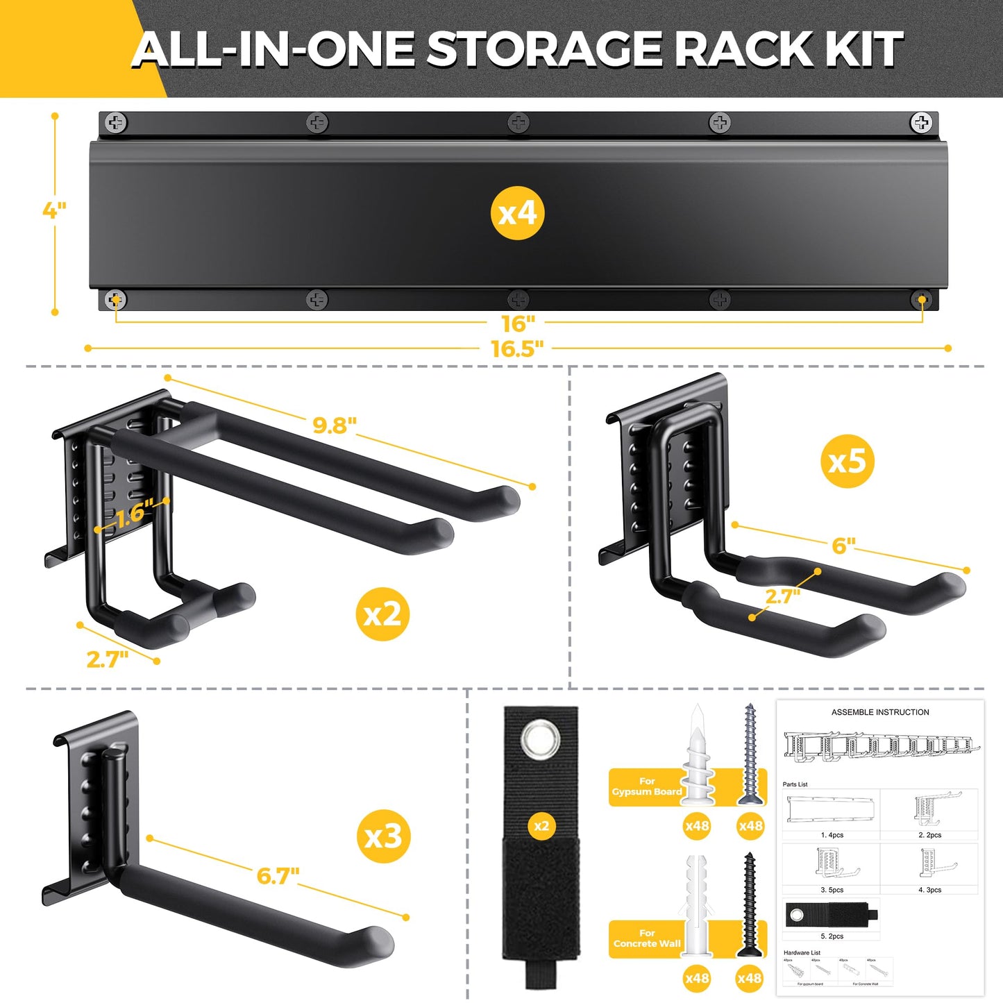 Wall Mounted Garage Tool Organizer Metal Storage Rack Adjustable Hooks Heavy Duty Tool Holder Black