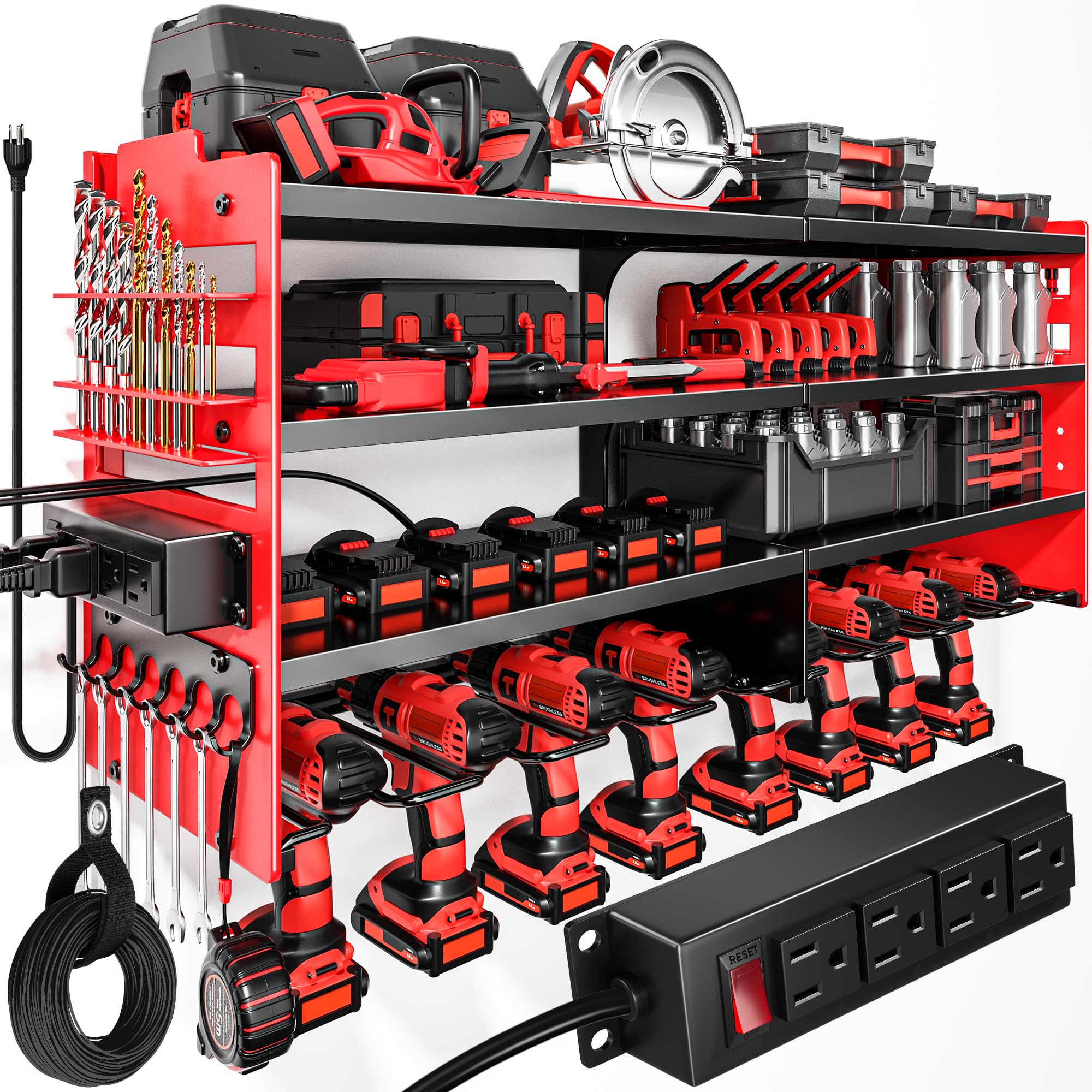 Wall Mounted Power Tool Organizer Charging Station Metal Garage Storage Rack 4 Tier Drill Holder 600 lbs Capacity Battery Tool Rack