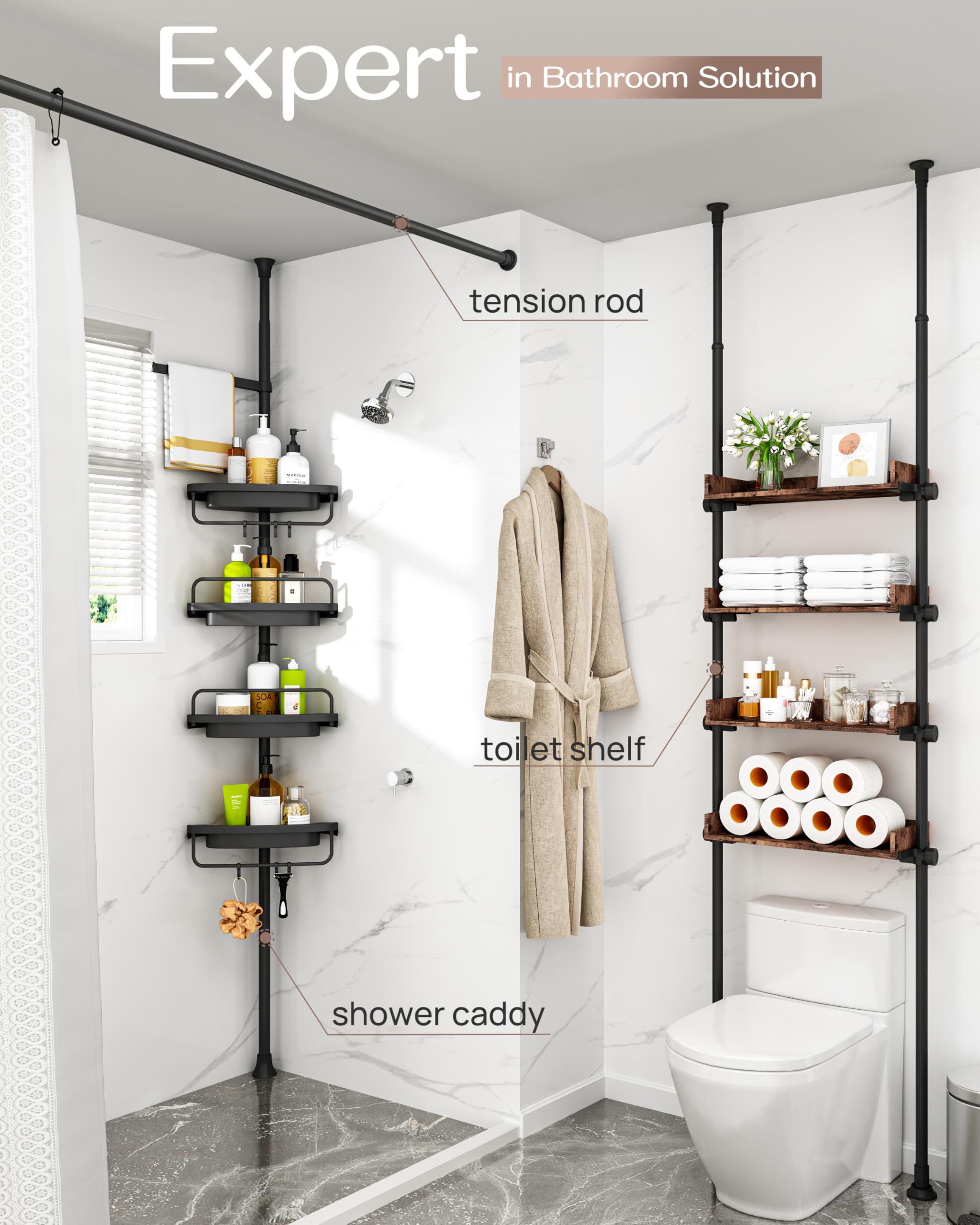 Corner Shower Caddy Tension Pole 4 Tier Rustproof Adjustable Bathroom Organizer Shelves Shower Storage Rack