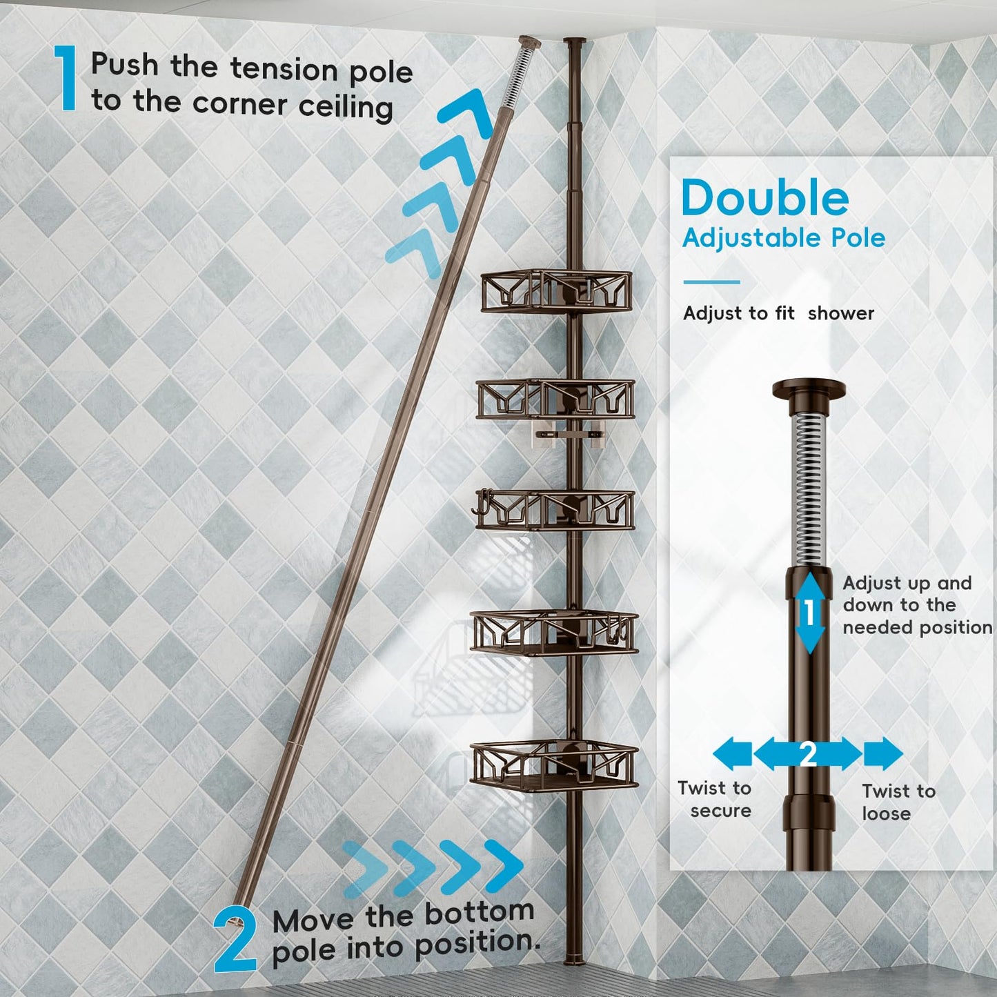 Corner Shower Caddy Tension Pole 5 Tier Adjustable Rustproof Bathroom Shower Organizer Hooks Storage Rack