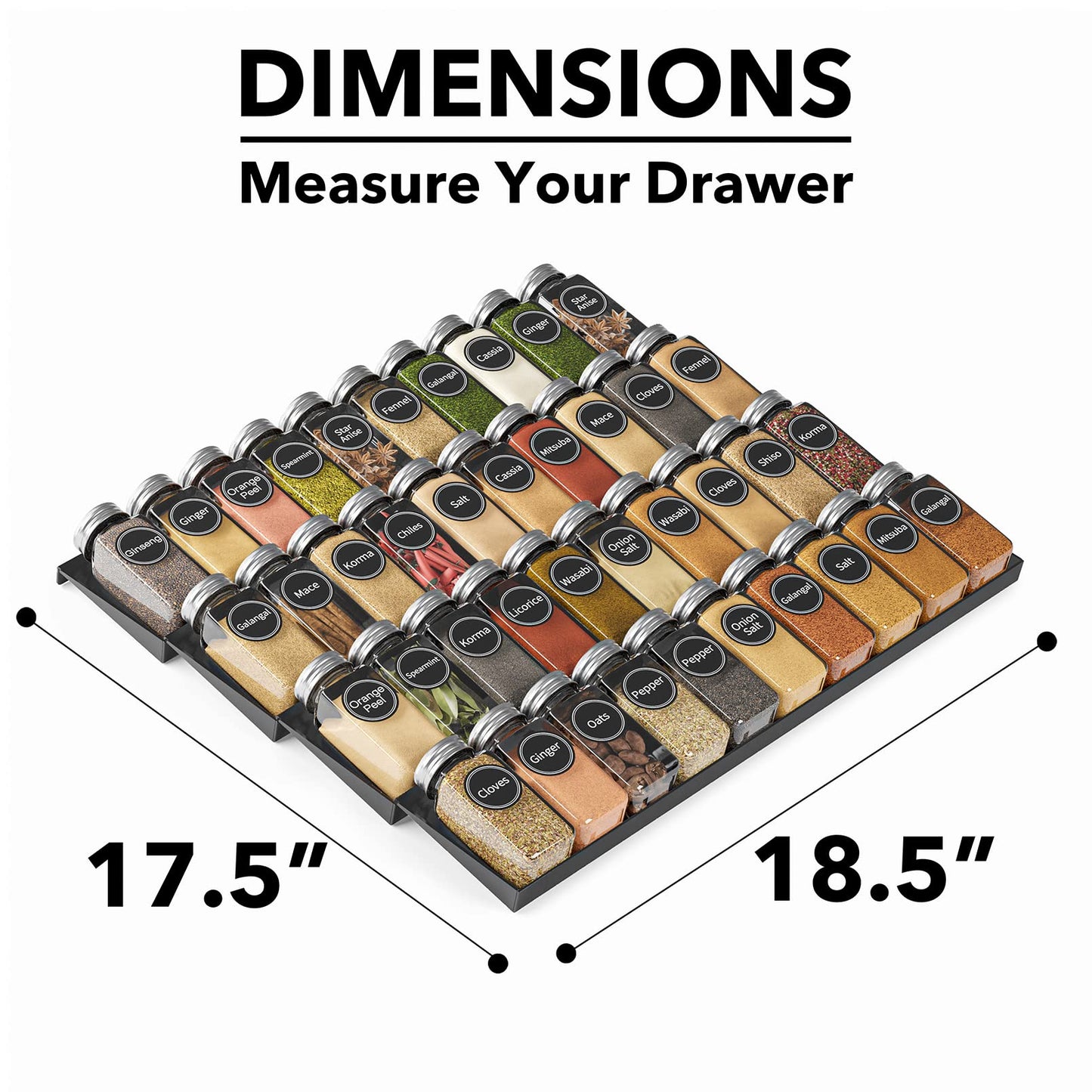 Spice Drawer Organizer with 28 Spice Jars Labels and Marker Kitchen Drawer Storage Rack