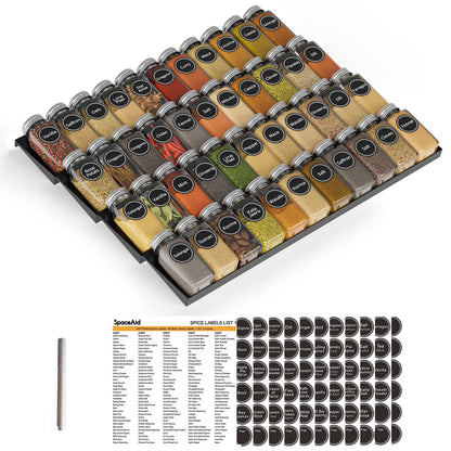 Spice Drawer Organizer with 28 Spice Jars Labels and Marker Kitchen Drawer Storage Rack