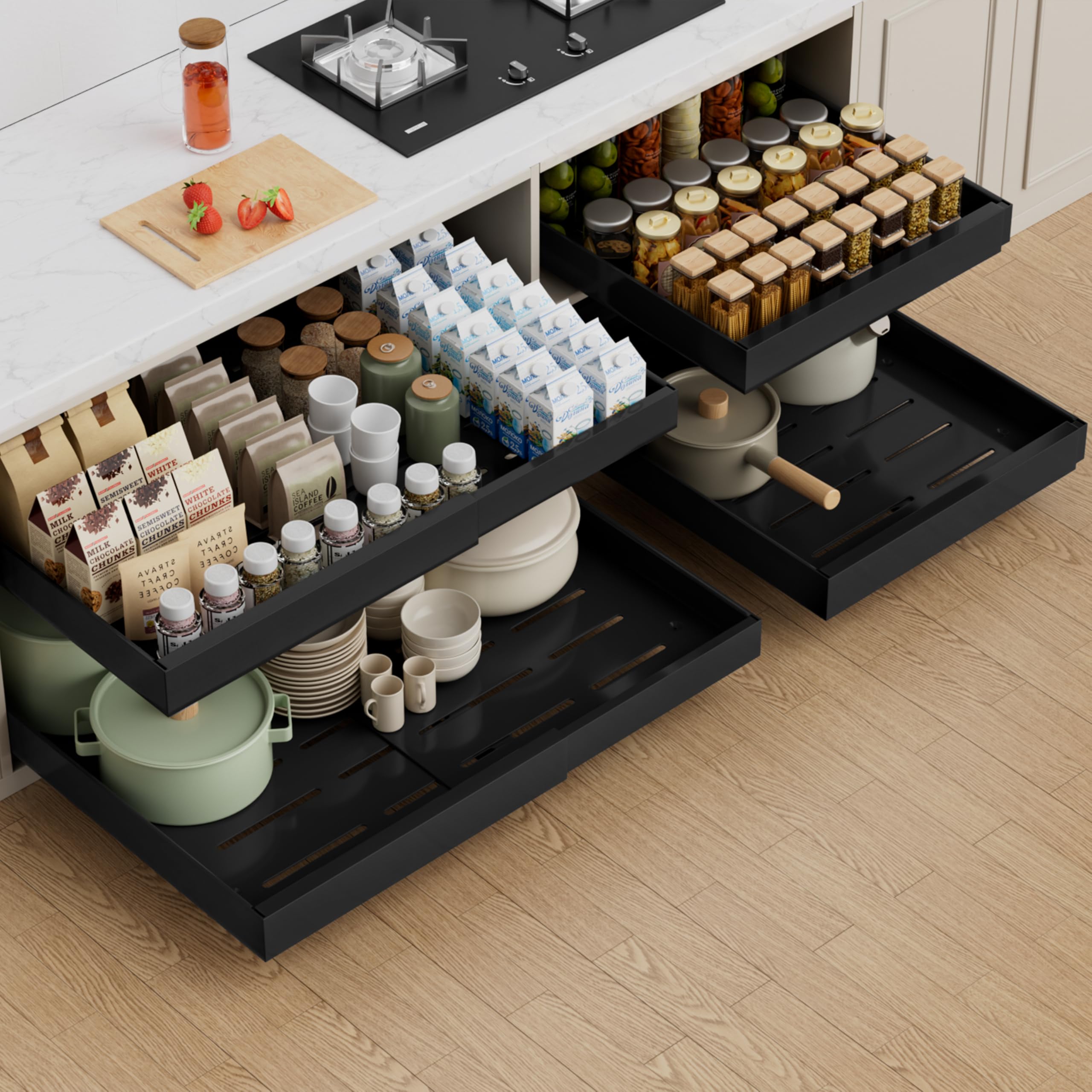 Pull Out Cabinet Organizer Expandable Sliding Drawer Kitchen Cabinet Storage Rack Adhesive Nano Film System