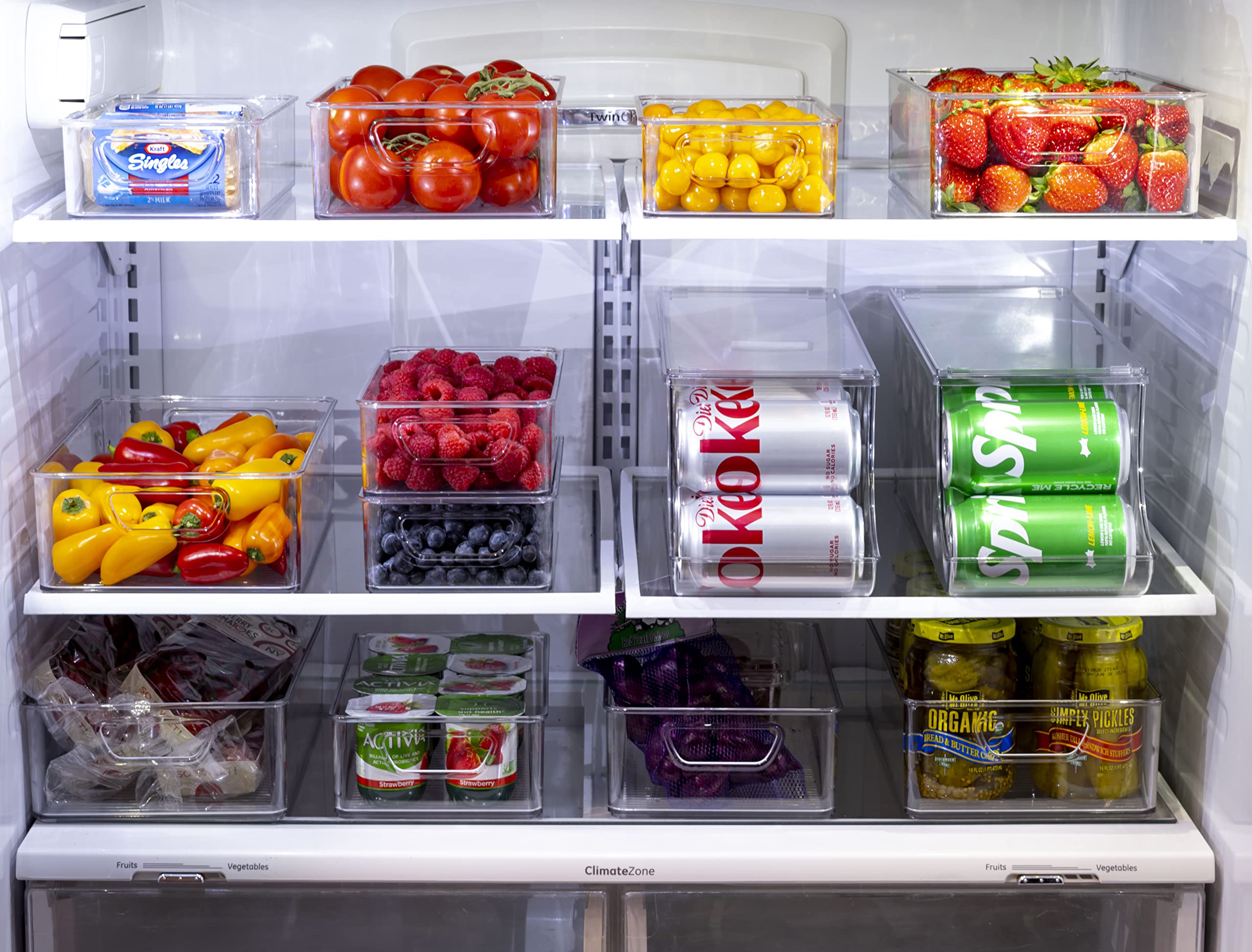 Set of 16 Refrigerator Organizer Bins Stackable Pantry Storage Baskets Clear Plastic Fridge Organizer with Handles