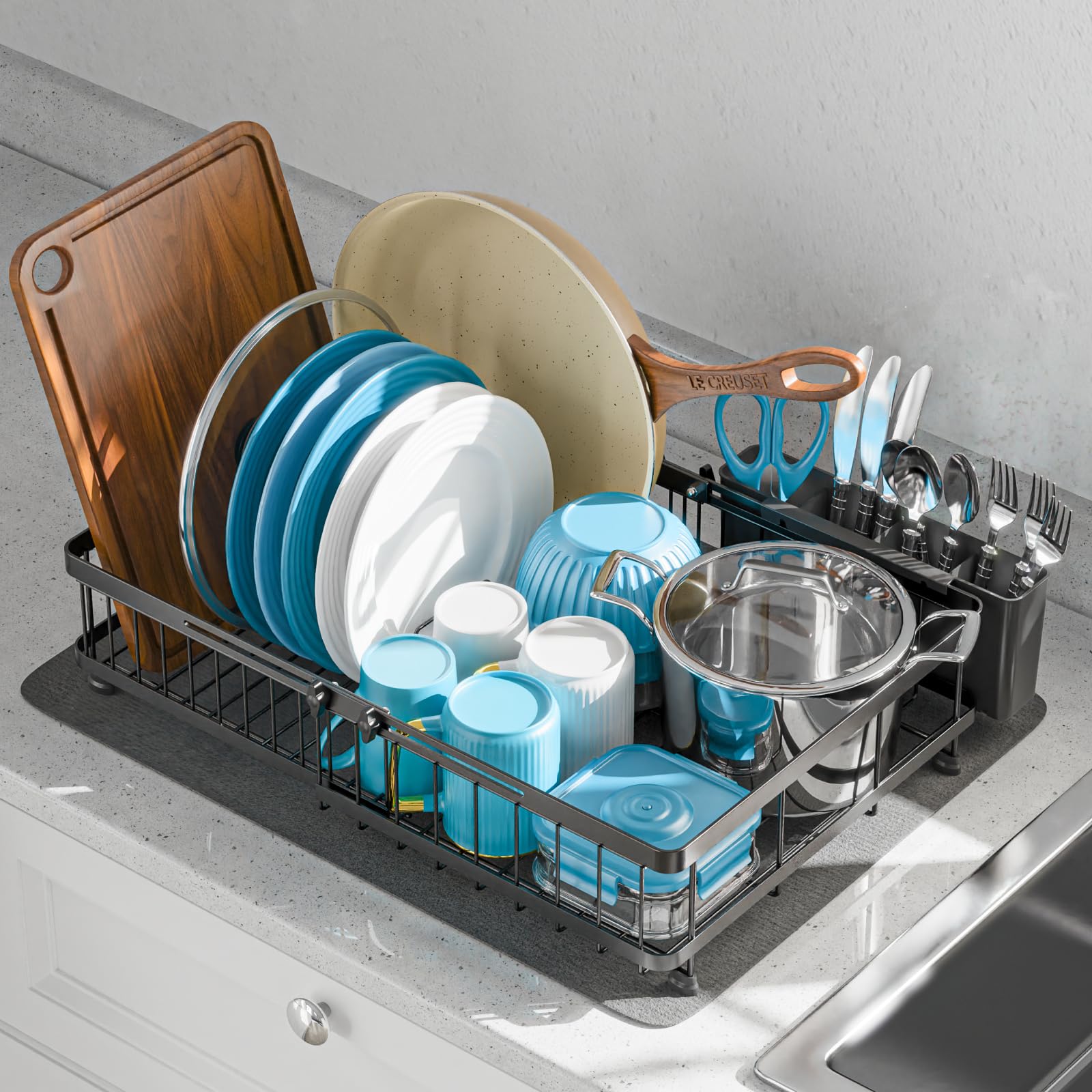 Dish Drying Rack Expandable Kitchen Counter Sink Drainer Pan Slots Utensil Holder Drainboard Black