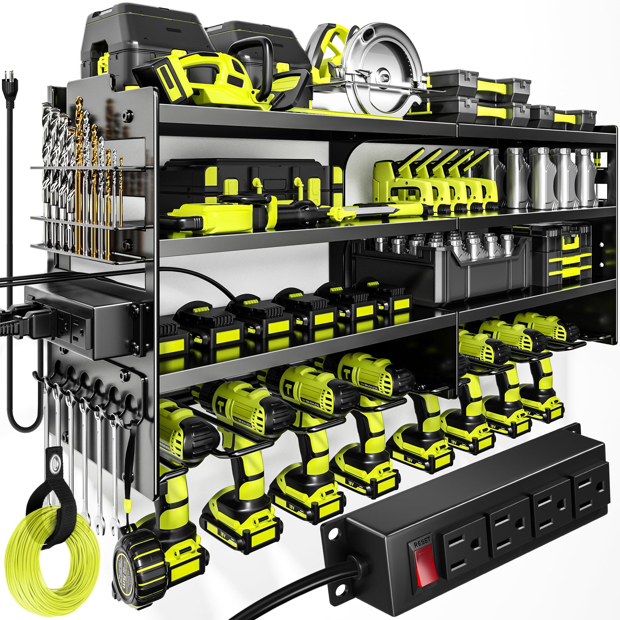 Wall Mounted Power Tool Organizer Charging Station Metal Garage Storage Rack 4 Tier Drill Holder 600 lbs Capacity Battery Tool Rack